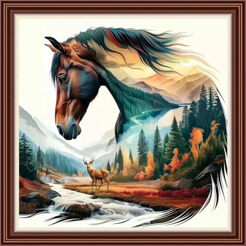 Dimensean Counted Cross Stitch Kit for Beginners, 11CT Unprinted Cross-Stitch Kit Easy Patterns Needlepoint Kit Cross Stitching Embroidery Kit Supplies-Abstract Horse Landscape 18x18 inch - color: DIYColor15