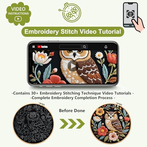 Santune Embroidery Kit for Beginners Needlepoint Cross Stitch Kits Adult Needle Point Sets with Owl Embroidery Patterns, Includes Step-By-Step Instructions and Accessories - color: Owl Series