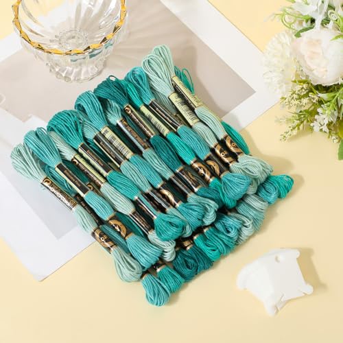 24 Skeins 6 Strands Green Embroidery Floss Threads Variegated Gradient Cross Stitch Thread Friendship Bracelets String Bulk with 12 Floss Bobbins for Hand Sewing Knitting Craft Stitching Diy - color: Green