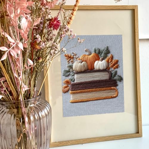 FONNUY Fall Embroidery Kit, Handmade Autumn Wreath Pre-Stamped Pattern for Beginners, Thanksgiving Harvest Home Decor, 8'' Hoop (Pumpkin Book) - color: Pumpkin Book