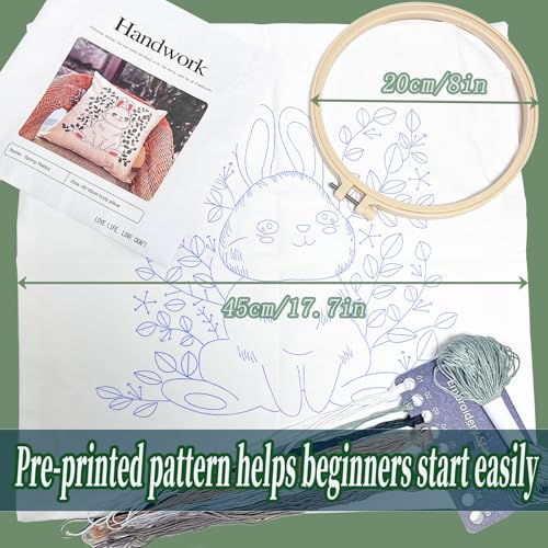 FONNUY Easter Throw Pillow Case Embroidery Kit, Eucalyptus Leaves Happy Rabbit Bunny Stamped Pattern Kits for Audlt Beginners, Hand Works Crafts Throw Pillow Cover, 18 x 18'' (Rabbit 01) - color: Rabbit 01
