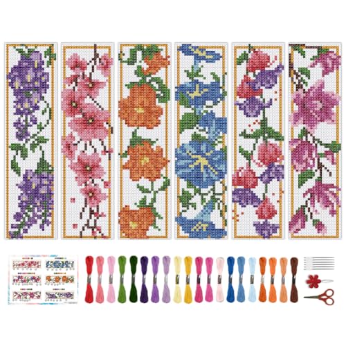 BEUNITONE 6 Pcs Flower Cross Stitch Bookmarks Kit for Adults Beginner DIY Stamped Embroidery Bookmark Kit with Instructions Cute Stamped Embroidery Bookmark for Book Lovers Handmade Gift 8''x2.4'' - style: Falling Flowers