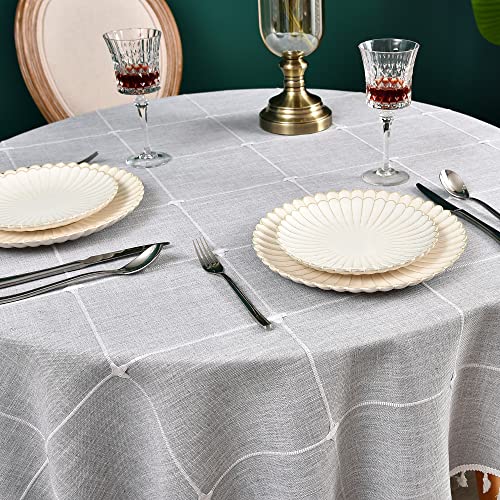 Cotton Linen Round Tablecloth Plaid Heavy Weight Table Cloth Gray for Round Tables Checkered Tassel Table Covers for Kitchen Dining Room Tabletop Decoration, Diameter 70 inch - color: Grey, size: 70" (Round)