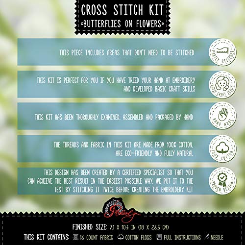 Povitrulya Counted Cross Stitch Kit 'Butterflies on Flowers' - Hand Embroidery Set - color: Butterfly