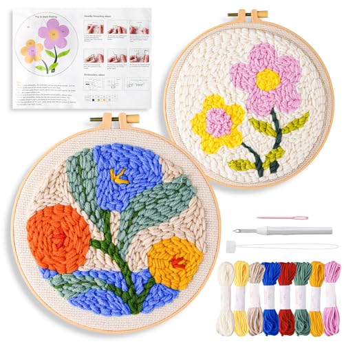 Fvbber Punch Needle Kits Adults Beginner, 2 Pcs DIY Easy Flower Embroidery Set with Patterns, Tools, Yarns, Hoop, Instruction for Home Decor, Craft Gift (Flower 1