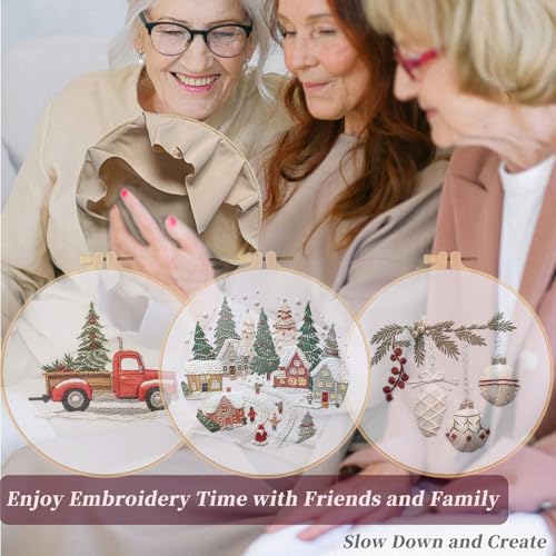 FONNUY Crewel Christmas Embroidery Kit for Beginners, Cross Stitch Set Winter Snow Scene Pine Owl Pattern for Adults, Easy to Follow Color Thread Needlework, 8'' Hoop (Trunk and Tree) - style: Trunk and Tree