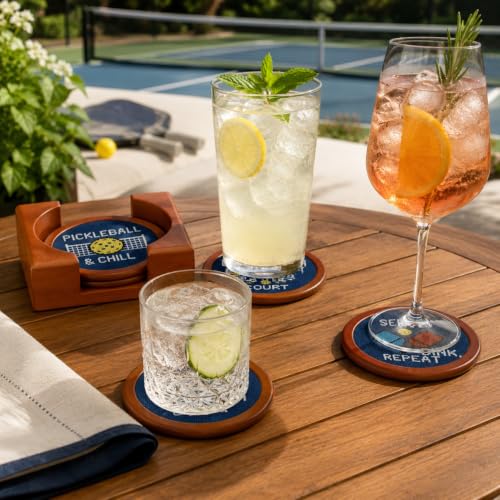 Khen Pickleball Hand-Stitched Needlepoint Coasters - Set of 4, Wooden Holder Solid Wood Needlepoint Inlay French Cotton Thread 4" Durable Decorative Gift, Drink Mats Unique Pickleballers Barware Gifts
