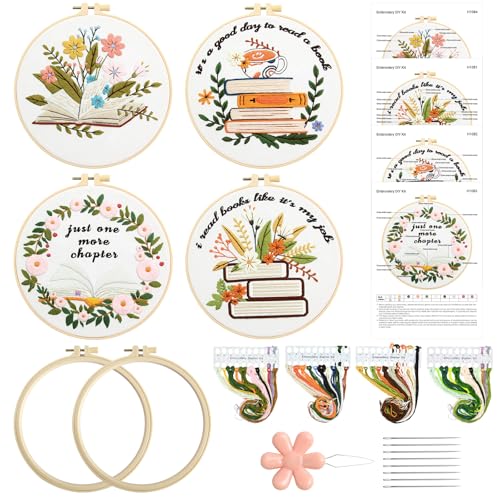 ElasignShopo 4 Set Embroidery Kit for Beginners Adults Book Lovers Embroidery Starter Kit Books Flowers Pattern Hand Crewel Cross Stitch Kits Includes Instruction 2 Hoops Color Threads Needles - color: Book