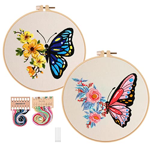 Konrisa Embroidery Starter Kits with Butterfly Flower Pattern, Stamped Cross Stitch Kits for Beginners Adults DIY Sewing Include Embroidery Hoop Embroidery Fabric Threads and Needles,Set of 2 - color: Butterfly01