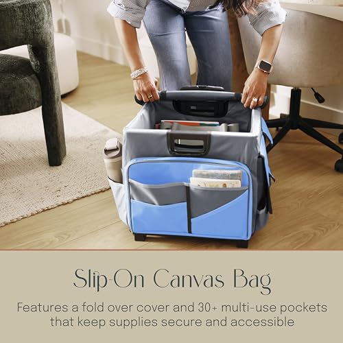 Folding Mobile Utility Cart, Canvas Organizer Bag, Blue/Grey - color: Blue/Grey