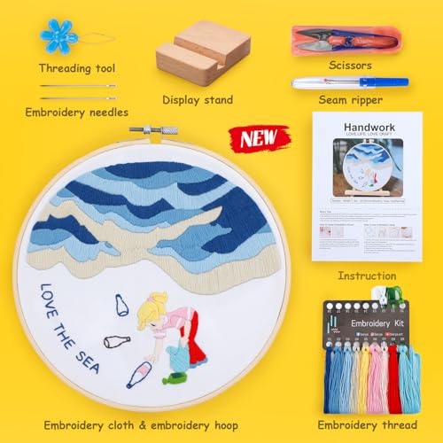 BERYA Embroidery Kit for Adult Beginners, Sea Embroidery Kit with Step-by-Step Instructions and Video, Printed Cloth, 7.87" Hoop, Display Stand, Color Threads and Tools for Craft Lover(BEH001) - color: Blue sea
