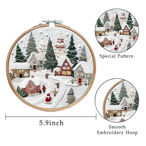 LB Christmas Embroidery Kit for Beginners: 4-Piece Cross Stitch Set with Green Plant, White Snowflake & Gnomes | Adults DIY Starter Kit Includes Hoop, Threads and Tools - color: White and Green