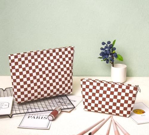 getgto 2 Pcs Makeup Bags, Large Cosmetic Bag Travel Toiletry Bag - color: Brown Checker
