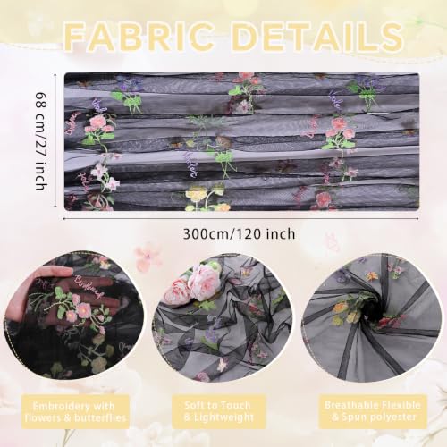 Black Floral Gauze Table Runner 10ft Embroidery Tulle Spring Wildflower - color: Black, size: 27"x120",1pc