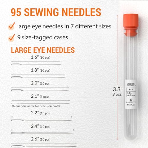 60 Large Eye Sturdy Sewing Needles and 35 Big and Thinner Eye Sharp Sewing Needles - Total 95 Needles for Sewing, Crafting, and DIY