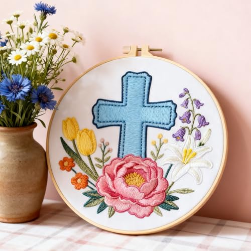 BEUNITONE 4Set Cross and Flowers Pattern Embroidery Kit for Adult Beginners - style: D-Cross Flower