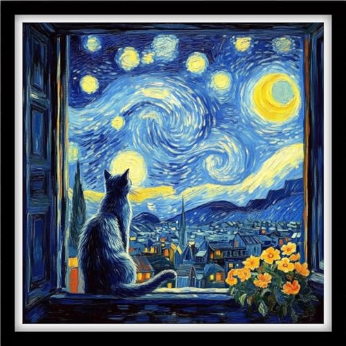 Fanxvivy Counted Cross Stitch Kits for Adults 11CT Unprinted Cross-Stitch Patterns Embroidery Kits Easy Cross Stitching Needlepoint Kits-Cat Admiring Moon on windowsill 18x18 inch - color: DIYcraft01