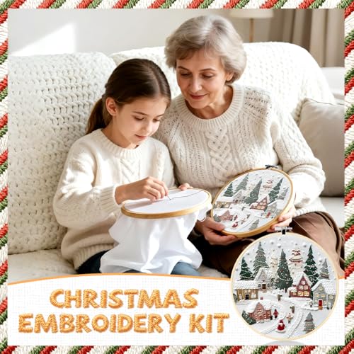 Christmas Embroidery Kit for Adults & Beginners - Gnomes & Cross Stitch Patterns, Cotton, Threads, Needles & Instructions (4 Pcs) - color: 4 Pcs, Village+Fireplace+Gnomes+Holly