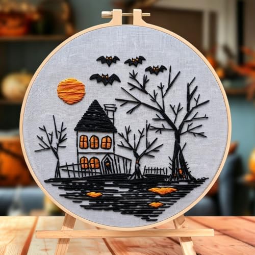 Halloween Embroidery Kits for Beginners, DIY Embroidery Kits for Adults - color: Black Haunted House