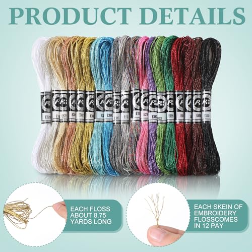 Coume 57 Skeins Metallic Embroidery Floss 499 Yards 19 Colors Embroidery Skein Threads Multicolor Glitter Thread