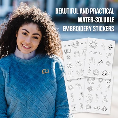 Magibeads 52 Patterns Water Soluble Embroidery Patterns Sun Crescent Moon Witchy Hand Patterns Stick and Stitch Transfer Embroidery Paper for Adult Beginners Hand Sewing Starter Kit - color: Witchy