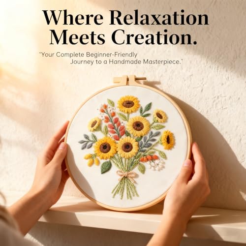 Sunflower Embroidery Kit for Beginners - All in One DIY Cross Stitch Starter with Hoop, Pre-Printed Fabric, Embroidery Threads, Needles,Perfect Craft Gift for & Home Decor