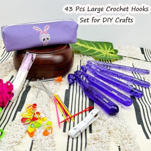 43 Pcs Large Crochet Hooks Set,12mm 15mm 18mm 20mm 25mm Large Crochet Hooks for Chunky Yarn,Plastic Crystal Smooth Big Crochet Needles for Handmade DIY Crochet with Storage Bag - color: Purple