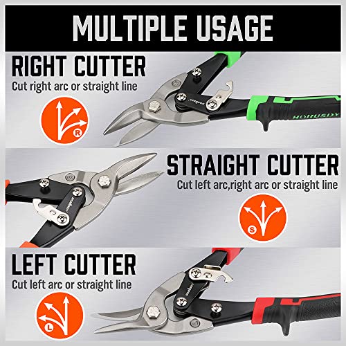 HORUSDY 3 Pack Aviation Tin Snips Set, 10 Inch Metal Straight Cut, Left Cut, Right Cut for Cut Sheet Metal, Chrome Vanadium Steel