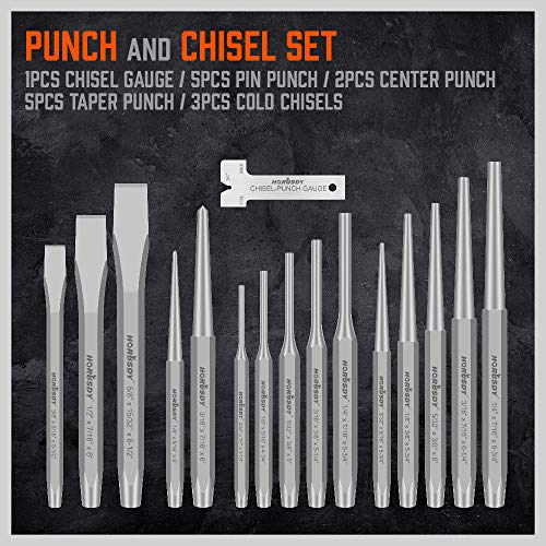 HORUSDY 16-Piece Punch and Chisel Set, Including Taper, Cold Chisels, Pin, Center (Pack of 2) - size: 16-Piece (Pack of 2)