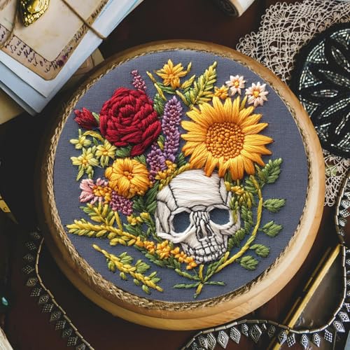 FONNUY Floral Embroidery Kit for Beginners, Colorful Flowers Pre-Stamped Pattern Kits for Adults with Hoop, Thread Needlework, 8'' Hoop (Skull) - color: Skull