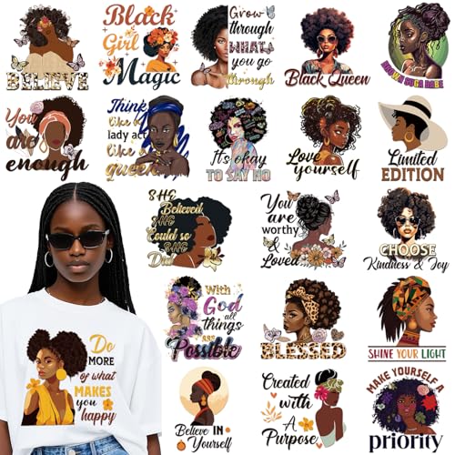 Dazoratix Black Girl Iron on Transfers - 20 Sheets African American Women DTF Ready to Press Inspirational Heat Transfer Stickers Patches Vinyl Decals for T Shirts Appliques Clothes Hoodie DIY Crafts - style: Black Girl
