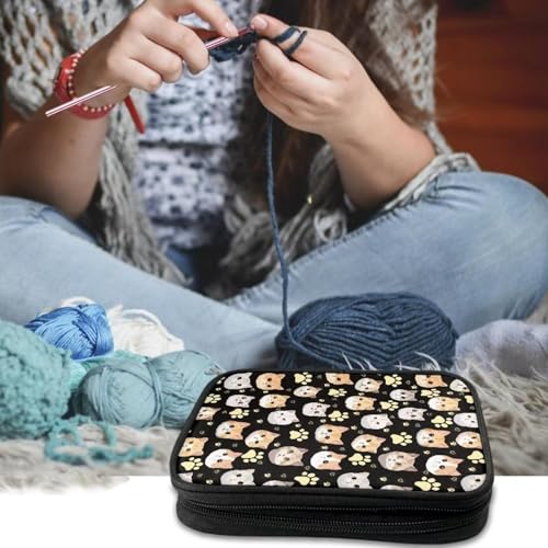 Kathyboom Cat Paw Prints Crochet Hooks Case Zipper Bags Portable Travel Storage Bag Organizer with Web Pocket and Crochet Holder Slots for Carrying Various Needles - color: Cat Paw Prints