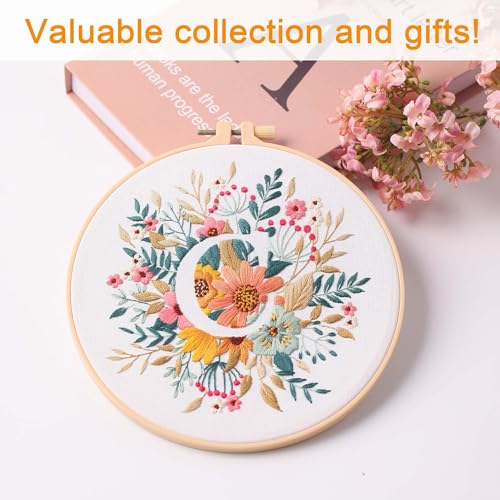 Harimau Letter C Pattern Embroidery Kit for Adult Beginners, Complete Starter Pack with 1 Hoop, Needles, Instruction Guide & Embroidery Stitch Video Tutorials - color: C