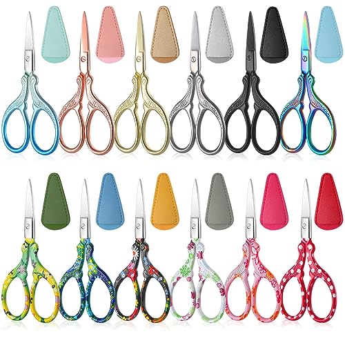Therwen 12 Pcs 3.6 Inch Embroidery Scissors with Artificial Leather Cover Sewing Scissors Stainless Steel Vintage Craft for Crafting Threading DIY Needlework Art Manual Handicraft - style: Stylish