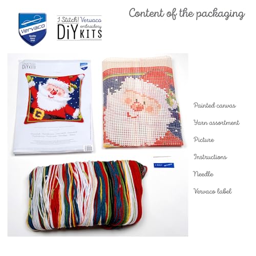 Vervaco Cross Stitch Christmas Pillow Kit TA-DAA Santa DIY Home Decor Stamped Embroidery Chunky Cross Stitch Cushion Craft Supplies ca. 16" x 16" Needlepoint Kits for Adults Creative Gift - size: Happy Santa