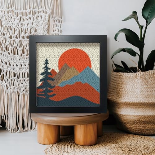 BEUNITONE 2 Sets Camping Punch Needle Kit for Beginners Scenery Theme Punch Embroidery Kits with Frame Instructions Embroidery Starter Kits with Art Night Pattern for Wall Painting 9.4'' x 9.4'' - color: 01-Mountain Scenery