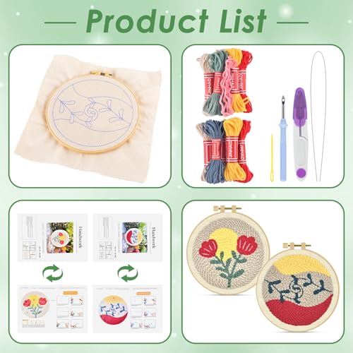 ERKOON Punch Needle Kit Adults Beginners, 2 Pcs DIY Easy Floral Embroidery Set for Starter Art Craft, Needling Punching Project with Patterns, Tools, Yarns, Hoop, Instruction (Rose) - color: Rose