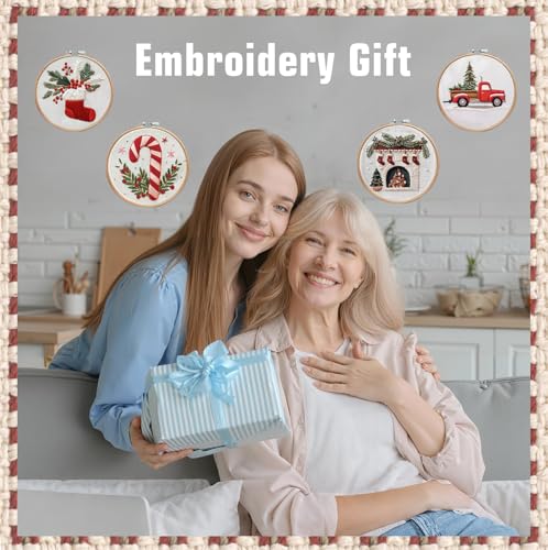 CanVrinxol 4 Sets Christmas Embroidery Kits for Adults Beginners, Cross Stitch Kits with Patterns, Hoops, Threads, Needles & Tools, DIY Craft Gift Ideas (Christmas Collection 2) - style: Christmas Collection 2