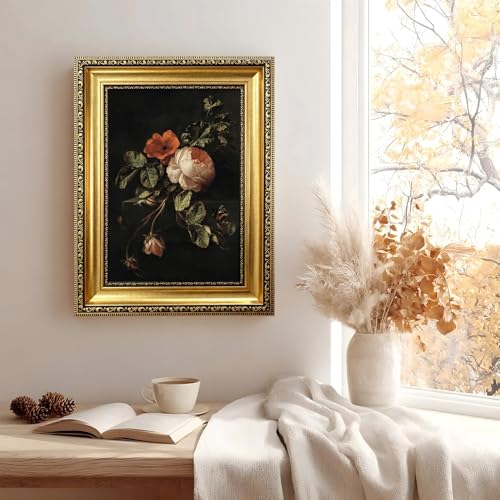 Vintage Gold Framed Moody Floral Wall Art,Dark Rose Still Life Canvas Print - color: Floral Gold Framed, size: 16"L x 12"W