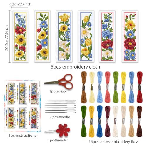 BEUNITONE 6 Pcs Flowers Cross Stitch Bookmark Kit for Adults Beginners Vivid Floral DIY Stamped Embroidery Bookmark Punch Needle Kit with Instructions for Book Lovers Reader Writer Gift 8''x2.4'' - style: Flower Cluster B