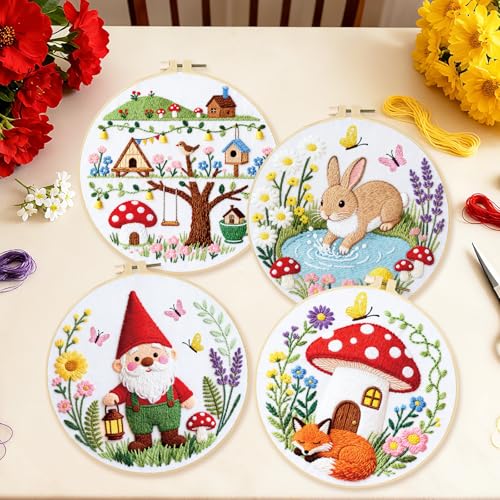 BEUNITONE 4 Set Embroidery Kit for Beginners, Fairy Tale Pattern Cross Stitch Kits, Needlepoint Kits for Adults with Instructions and Full Kit, Funny Hand Embroidery Patterns for Cloth and Home Decor - style: D-Fairy Tales