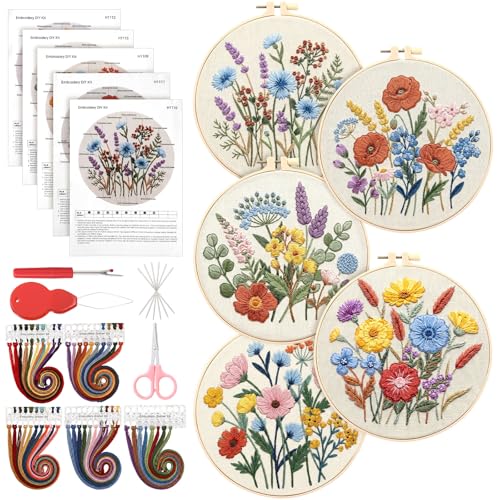 Yinder 5 Set Embroidery Kit for Beginner Starter Kit, Wildflowers - style: Wildflowers