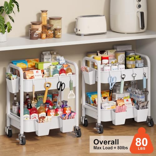 2 Tier Small Rolling Cart Metal with Wheels, White Under Desk Storage Carts - color: Light White, size: 2 Tier + Cups + Hooks