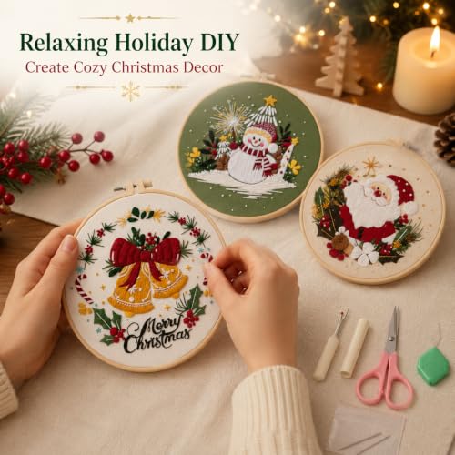 Nalexmi 3 Sets Christmas Embroidery Kits, Snowman, Santa, Jingle Bell - color: christmas