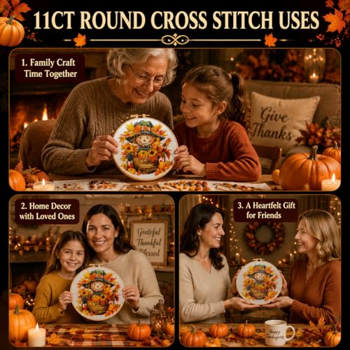 Scarecrow Stamped Cross Stitch Kits for Adults Beginners with Hoop Frame - color: Fall Scarecrow Cross Stitch with Framed