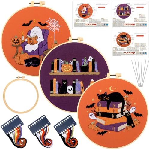 Mindsoft 3 Set Needlepoint Kit for Beginners with Hoop,Halloween Booklover - style: Halloween Booklover