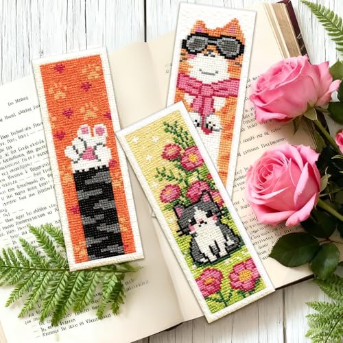 ORIGACH 6 Set Cute Cat Cross Stitch Bookmark Kit for Beginner - style: Cat