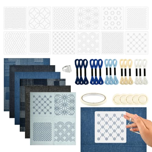 DOQXYAVM 45Pcs Sashiko Embroidery Kit for Beginners, Japanese Sashiko Stencil Kit with Geometric Templates, Fabric, Threads, Needles, Thimble, Complete Hand Quilting Stitching Sewing Supplies