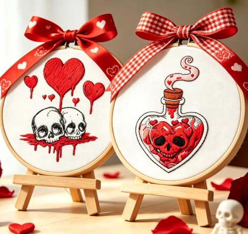 Halloween Goth Embroidery Kits for Beginners Adults, Dark Skull Embroidery Sets Needlepoint Kits, Halloween Stamped Cross Stitch Kits for Beginners Adults, 2 Embroidery Hoops (Attached Video Tutorial) - color: Halloween-2, size: 8inch