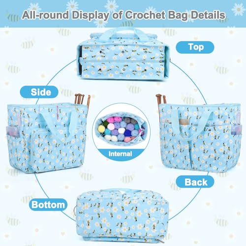 Aeelike Yarn Storage Bag Organizer, Large Crochet Tote Bag, Blue Flower - color: Blue Floral